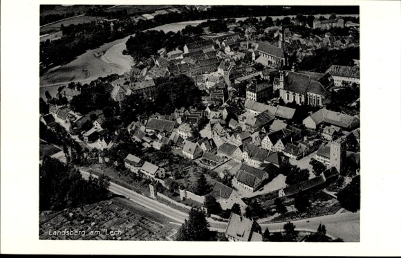 Postcard Landsberg am Lech Upper Bavaria, aerial view of many houses and rivers