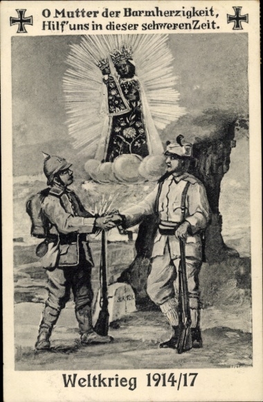Postcard soldiers in uniforms, brotherhood in arms, O Mother of Mercy, I. WW
