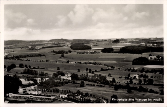 Postcard Wangen im Allgäu, landscape in the Allgäu, children's sanatorium Wangen, clouds, fields, trees