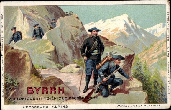 Chromo-Litho Reklame, Byrrh, Tonic and Hygienic Wine, Alpine Hunters, Mountain Maneuvers