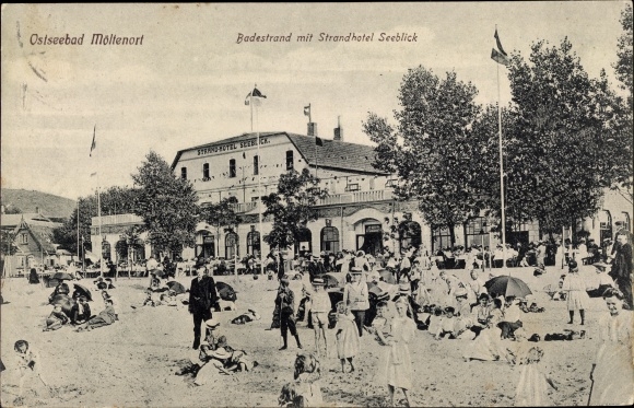Ak Möltenort Heikendorf aan de Kieler Fjord, strand met strandhotel Seeblick