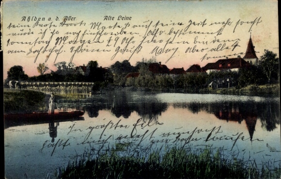 Postcard Ahlden an der Aller, partial view, Alte Leine, church tower