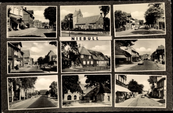 Postcard Niebüll in North Friesland, church, street area, shops, Frisian houses