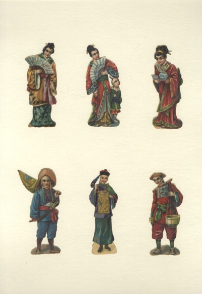 6 wafers of Chinese men and women in traditional clothing, size approx. 8 x 4 cm each