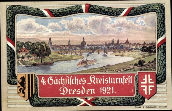 Artist coat of arms PC Dresden, 4th Saxon district gymnastics festival 1921, city view from the small forest castle