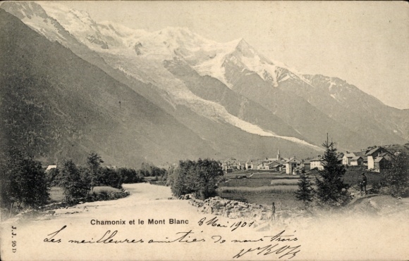 Ak Chamonix Mont Blanc Haute Savoie, Berglandschaft, Mont Blanc, Fluss,  von 1901