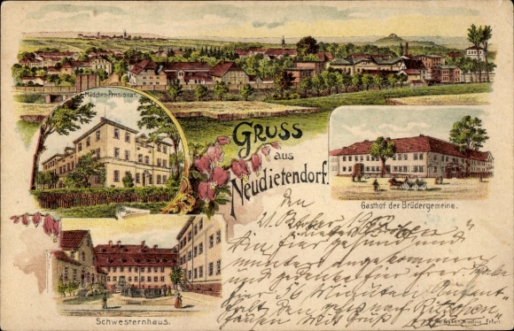 Litho Neudietendorf in Thüringen, Mädchen-Pensionat, Gasthof der Brüdergemeine, Schwesternhaus