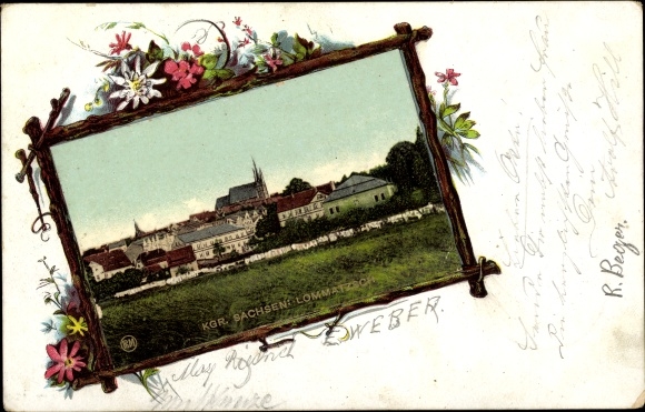 Passepartout Ak Lommatzsch in Sachsen, Blick auf den Ort