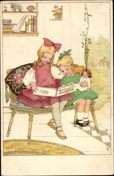 Artist Postcard Döring, Lia, Happy Hours, two girls with picture book, doll, MB 2613