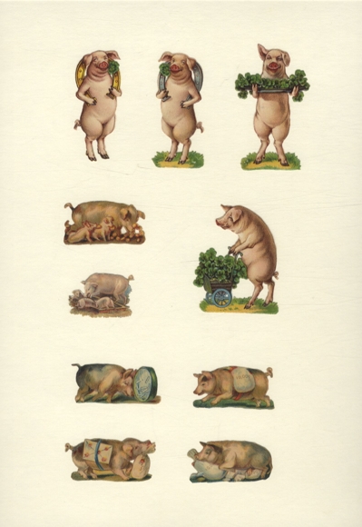 10 Oblaten Schweine al Glücksbringer, Klee, Hufeisen, Geldsegen u.a. ca. 6,5 x 5 cm bis 2,5 x 5 cm
