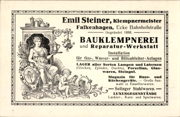 Postcard Falkenhagen in der Mark, Emil Steiner master plumber, construction plumbing, corner of Bahnhofstraße