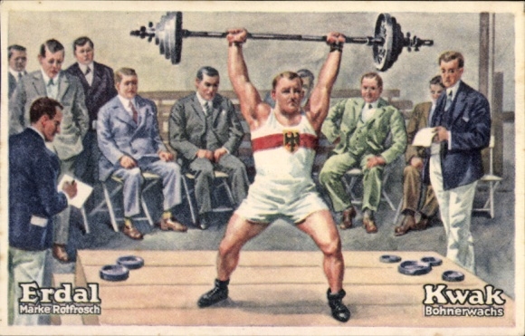 Collector's picture Erdal-Kwak series picture, Rotfrosch brand, floor wax, weight lifting, heavyweight
