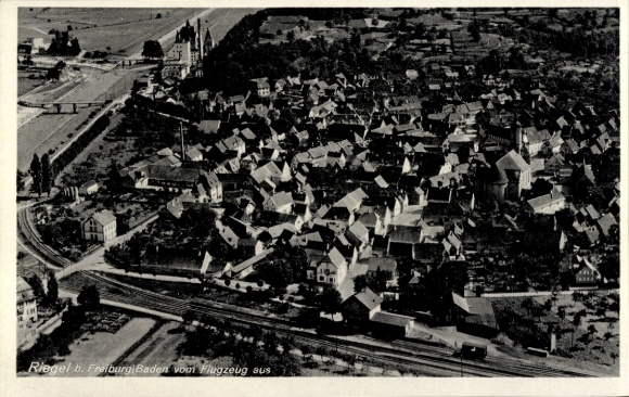Postcard Riegel am Kaiserstuhl Baden, aerial photography, city panorama, railway line