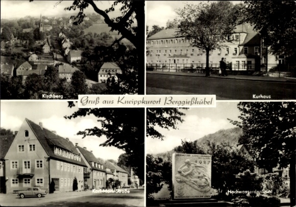 Ansichtkaart Berggießhübel in Saksen, Kirchberg, Kurhaus, groeten uit Kneipp-kuuroord Hochwasserdane, 1927