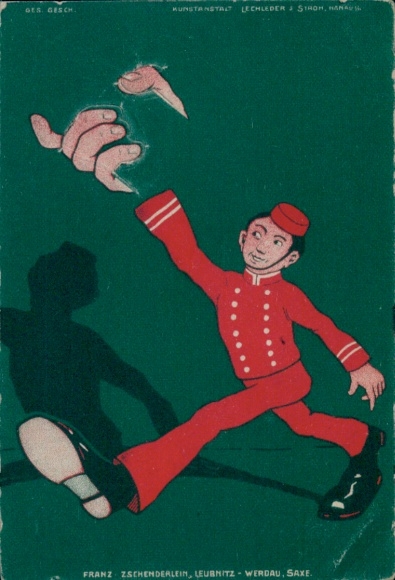 Postcard Hotelboy in red uniform, message