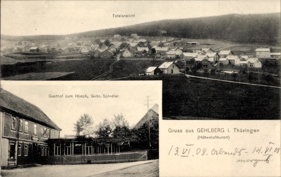 Ak Gehlberg Suhl in Thüringen, Gasthof zum Hirsch, Gebr. Spindler, totaalbeeld, kuuroord in de bergen