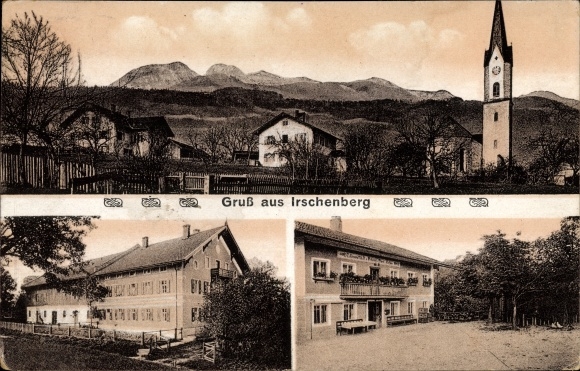PC Irschenberg in Upper Bavaria, partial view with church, inn