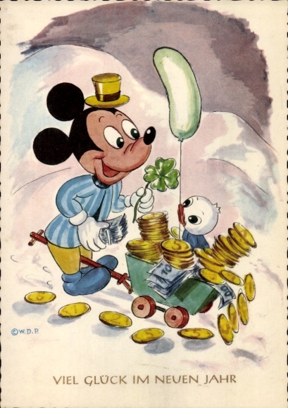 Ak Walt Disney, Micky Maus, Fröhliches Neujahr, Schubkarre mit Geld, Münzen