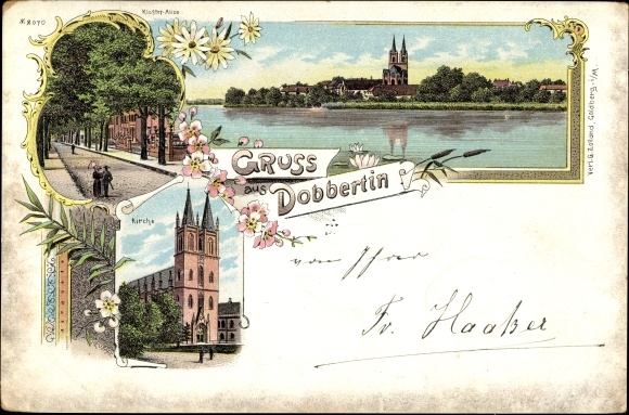 Chromo-Litho Dobbertin Mecklenburg, Alley, Abbey Alley, Kirche