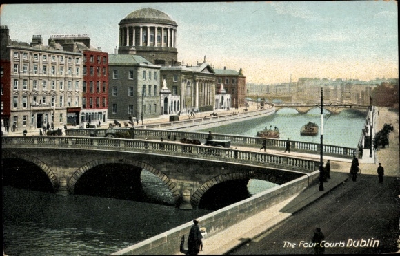 KP Dublin Irlandia, The Four Courts, most, budynki, statki, rzeka