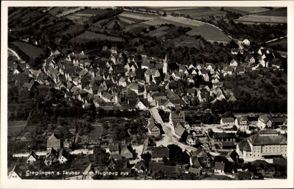 Postcard Creglingen an der Tauber, aerial view, traditional architecture, hilly landscape, Cregli