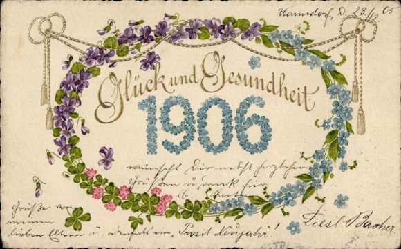 Year numbers Chromo-Litho Happiness and Health 1906, clover wreath