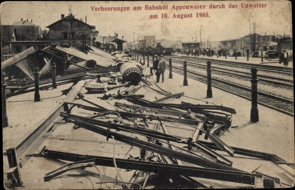 Ak Appenweier in Baden Schwarzwald, Verheerungen am Bahnhof durch Unwetter 10.8.1905
