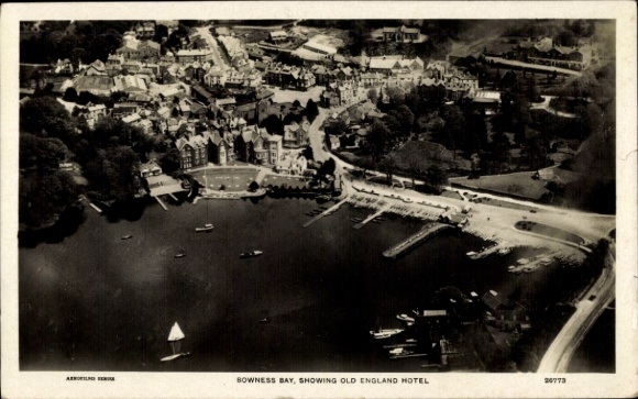 Postcard Bowness on Windermere Cumbria England, aerial view of Bowness Bay, Old England Hotel, Boat...