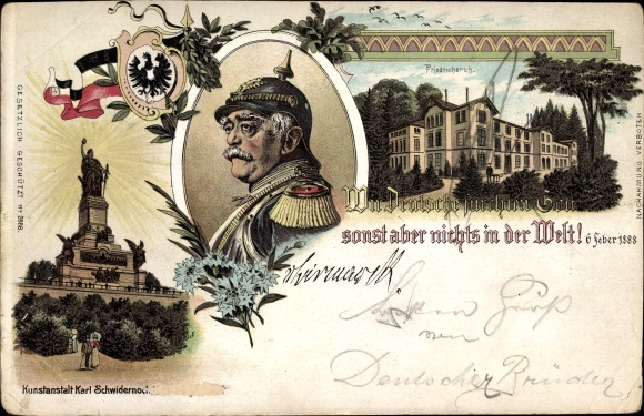 Chromo-Litho Friedrichsruh Aumühle Lower Saxony, Bismarck, Niederwald monument, castle