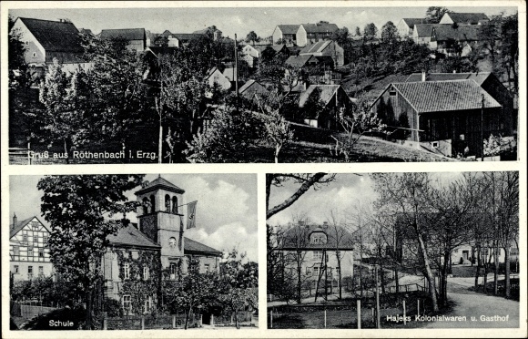 Postcard Röthenbach Pretzschendorf Klingenberg in the Eastern Ore Mountains, Wetzel&#39;s inn, school, long shot