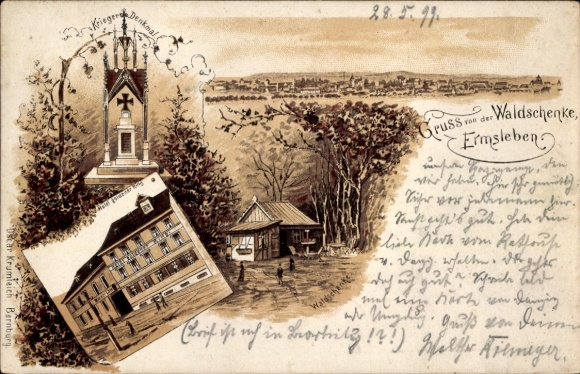 litho Ermsleben Falkenstein Harz, Groeten uit de Waldschenke, Oorlogsmonument, Hotel Goldener Ring