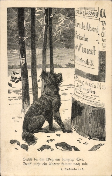 Künstler Ak Hund an der Litfaßsäule sitzend, Reim