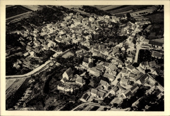 Postcard Burggrumbach Unterpleichfeld in Lower Franconia, aerial photograph