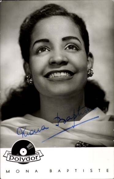 Postcard singer and actress Mona Baptiste, portrait, Polydor records, autograph