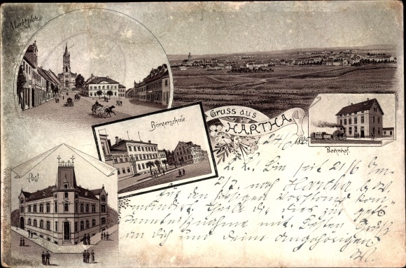Vorläufer Litho Hartha in Sachsen, Bahnhof, Bürgerschule, Marktplatz, Post