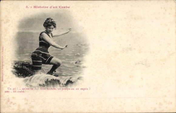 Postcard Story of a crab, beach, woman in swimsuit