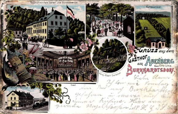 Litho Burkhardtsdorf im Erzgebirge, Gasthof am Auenberg, Schießstand, Schiessmauer, Bahnhof