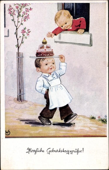 Artist PC Scheuermann, Willi, happy birthday, baker wears cake on his head