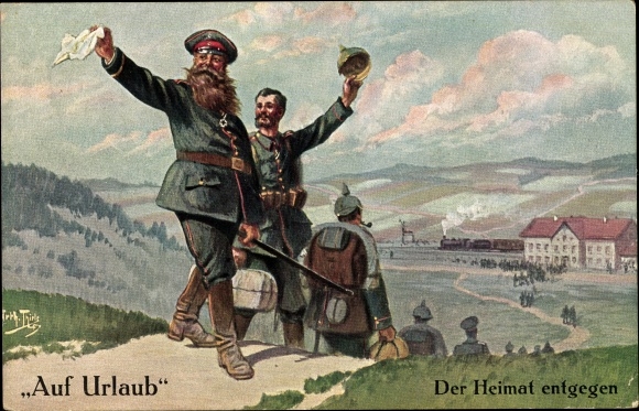 Kunstenaar Ak Thiele, Arthur, Op vakantie, naar huis, soldaten