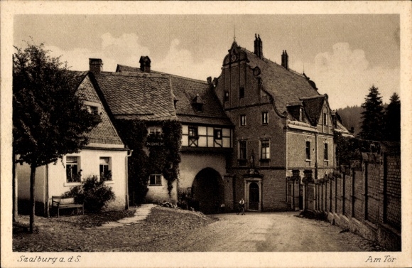 Postcard Saalburg in Thuringia, historical building, gate, trees, hill, old architecture