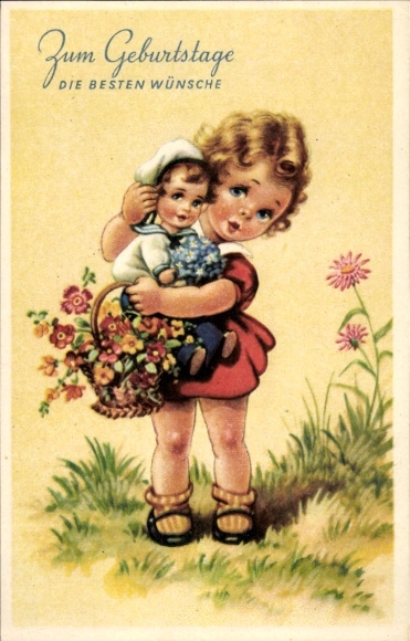 Postcard Congratulations Birthday, Children, Flower Basket