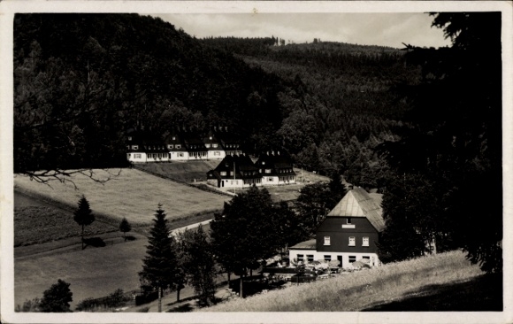 Postcard Erlbach in Vogtland Saxony, view of the valley and the inn and winter sports field