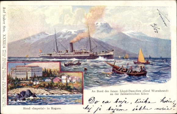 Artist Chromo-Litho Ragusa Dubrovnik Croatia, Steamer Graf Wurmbrand, Austrian Lloyd, Hotel Imperial