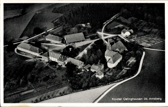 Postcard Holzen Arnsberg in the Hochsauerland district, aerial photograph, Oelinghausen Monastery, Danne Inn