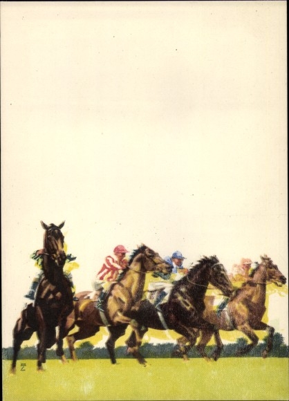 Künstler Ak Hohlwein, Ludwig, Hoppegarten, Vollblutpferde, Jockeys, Pferderennen
