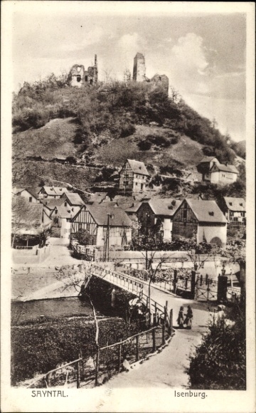 Postcard Isenburg in the Sayntal Westerwald, partial view, castle ruins, bridge
