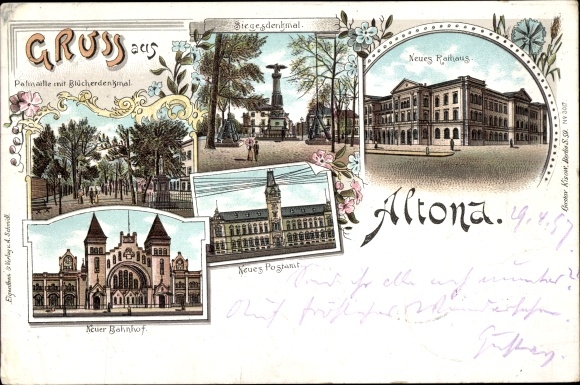 Chromo-Litho Hamburg Altona, Blücher monument, new train station, post office, victory monument, town hall