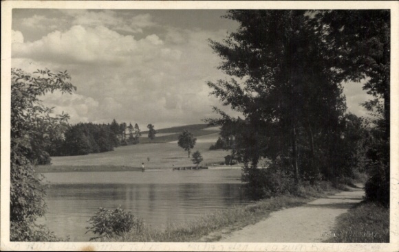 Postcard Dippoldiswalde in the Ore Mountains, beautiful landscape, water surface, trees, a path