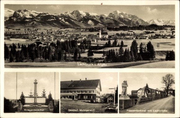 Postcard Lechbruck am See Allgäu Swabia, war memorial, raft memorial, Lech bridge