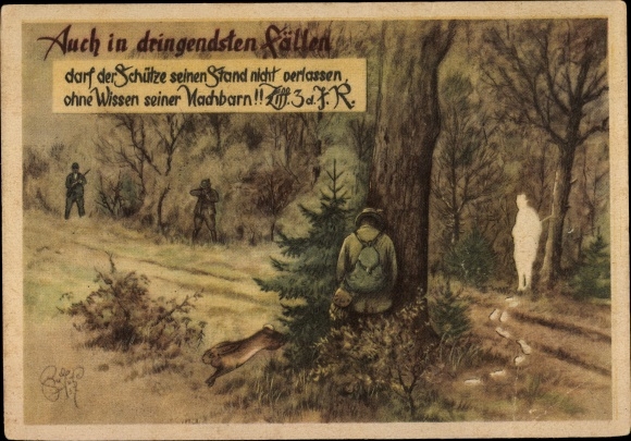 Artist Postcard Geilfus, Even in the most urgent cases, the shooter is allowed to leave his stand, hunter, hunting accident